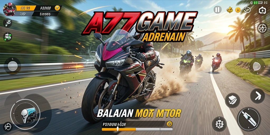 Tampilan layar balapan seru di A777GAME dengan motor kencang di trek menantang.