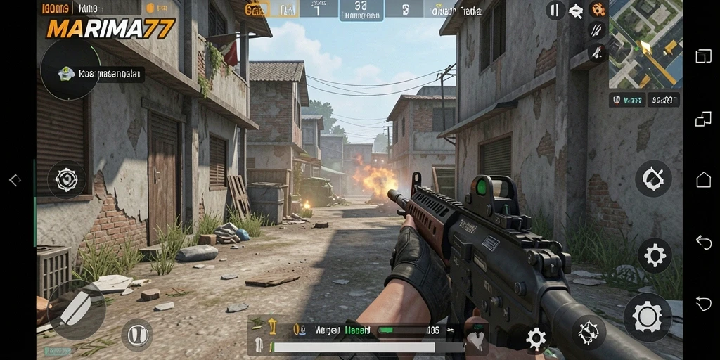 Screenshot gameplay <strong>MARIMA77</strong> yang menampilkan aksi tembak-menembak seru.
