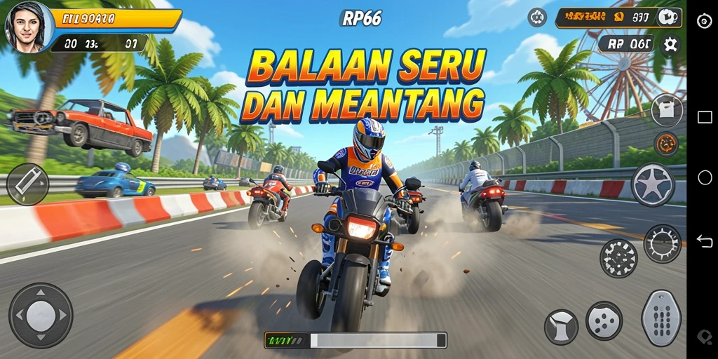 Screenshot gameplay RP66 menunjukkan aksi balapan yang intens dan mendebarkan.